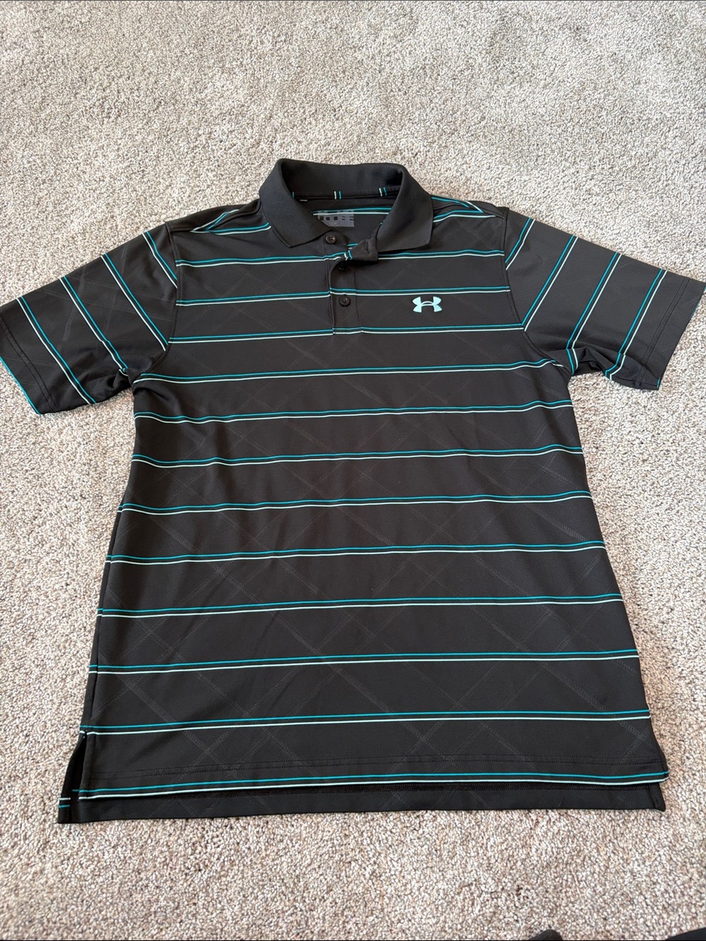 Under Armour Men’s Black Polo with Teal/Blue Stripe